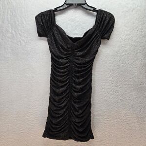 Vtg Y2K XS‎ Metallic Ruched Bodycon Mini Little Black Dress Party Cocktail Money